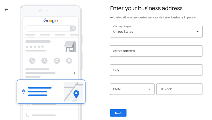 Entering the business address in Google Business Profile