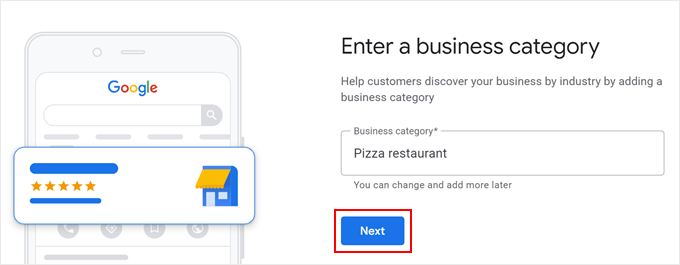 Entering the business category in Google Business Profile