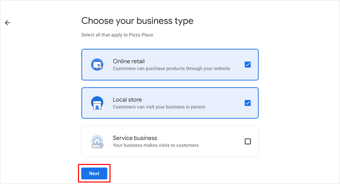 Choosing a business type in Google Business Profile
