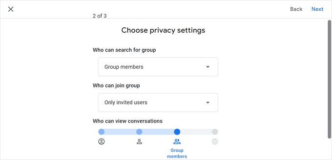 Configuring the group's privacy settings