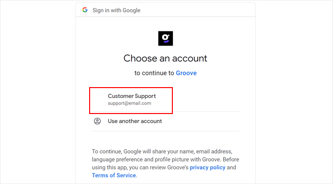 Choosing a Gmail account to connect with Groove