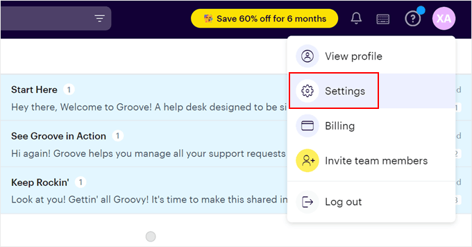 Clicking Settings in the GrooveHQ dropdown menu