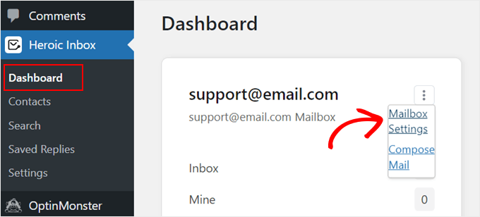 Clicking Mailbox Settings in Heroic Inbox dashboard