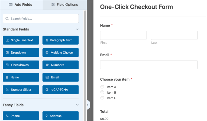 one-click-checkout form drag and drop editor