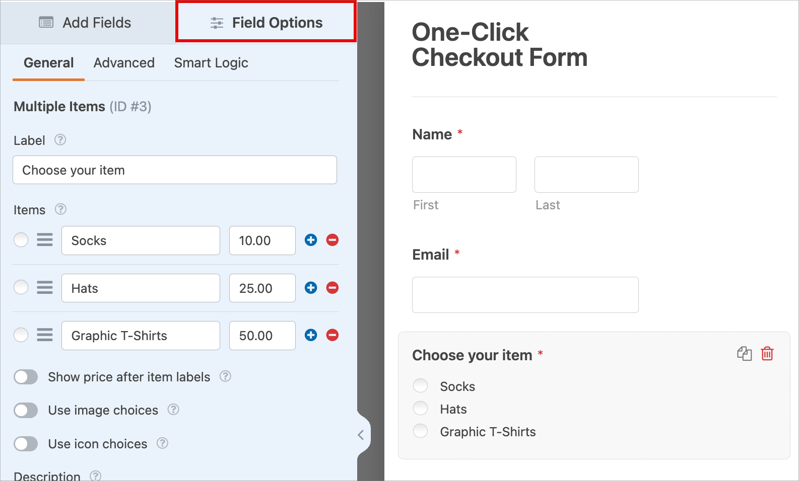 one-click checkout form field options