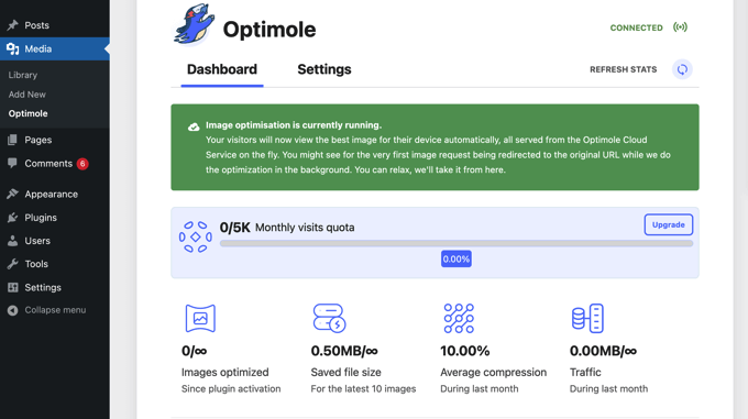 The Optimole image optimization and compression dashboard