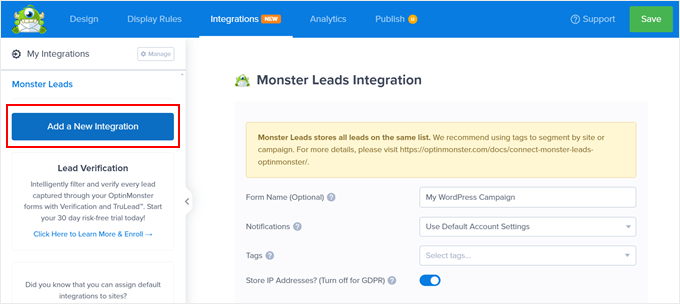 Clicking Add a New Integration in OptinMonster