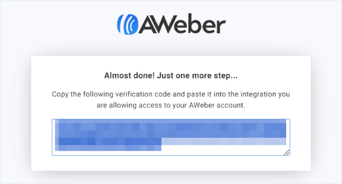 Copying the AWeber authorization code for OptinMonster