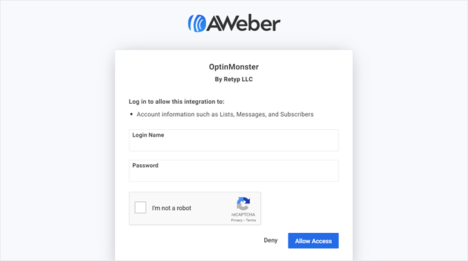 Allowing OptinMonster to access AWeber