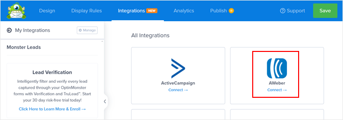 Connecting OptinMonster with AWeber