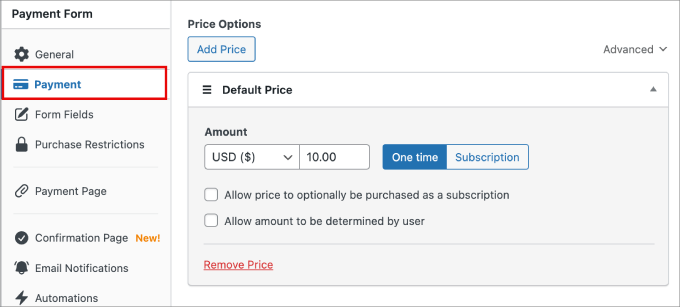 payment tab wp simple pay