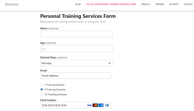 Preview of the personal training services form created with WP Simple Pay