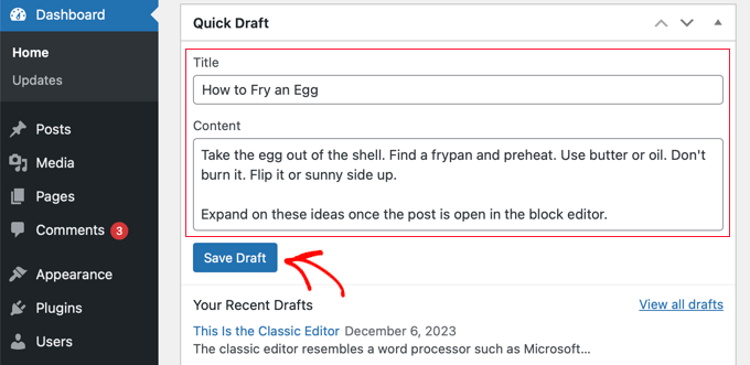 Example of Creating a New Post in Quick Draft
