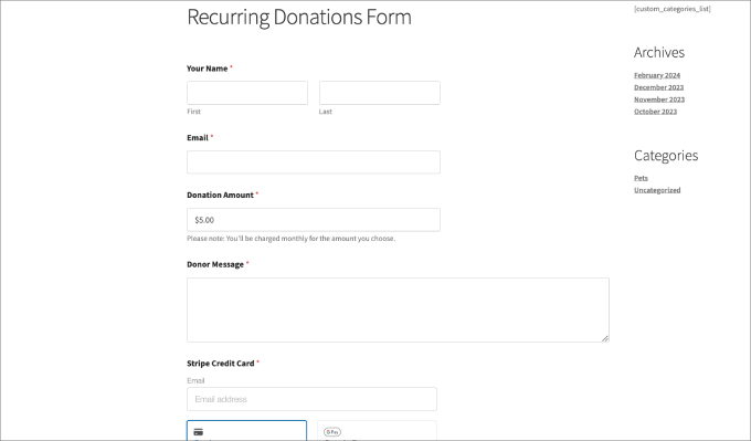 recurring donations form preview