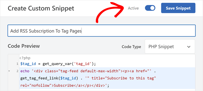 Saving a custom snippet for adding RSS subscription to tag pages