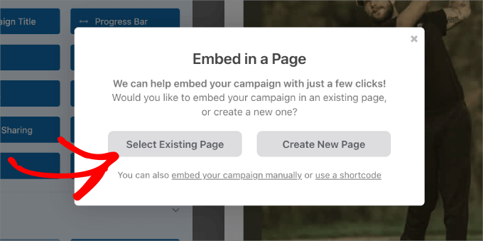 select existing page in Charitable