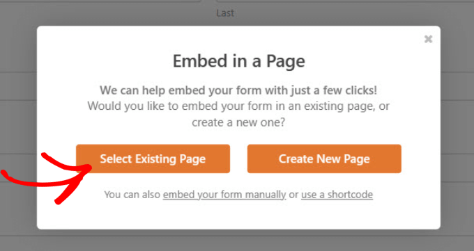 select existing page to embed WPForms