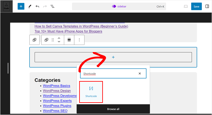 Adding the shortcode block to a sidebar in Full Site Editor