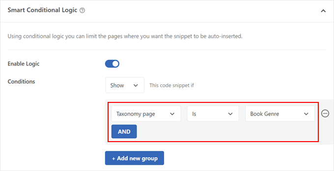 Making the WPCode snippet show if the taxonomy page is a custom taxonomy