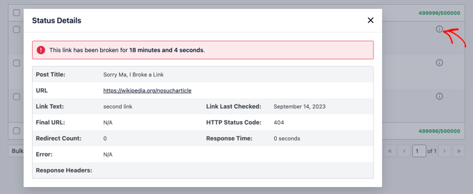 Viewing information about broken URLs on your WordPress website