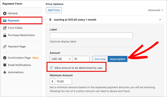 subscription button in wp simple pay