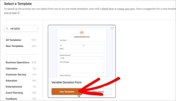 variable donation form use template