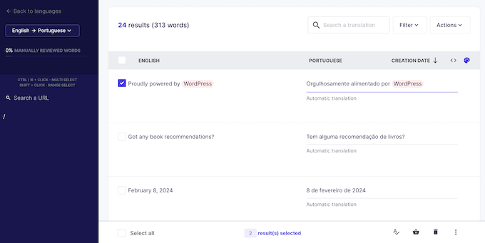 The Weglot translations dashboard