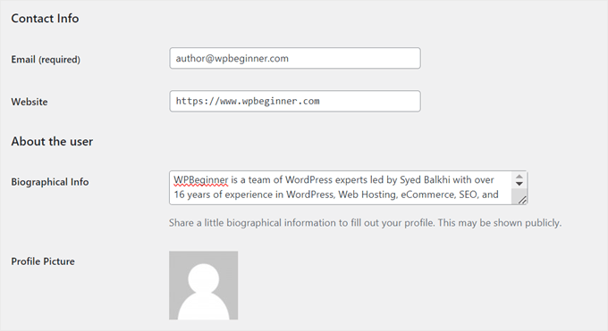 Example of the author contact info in WordPress