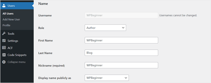Editing an author profile in WordPress