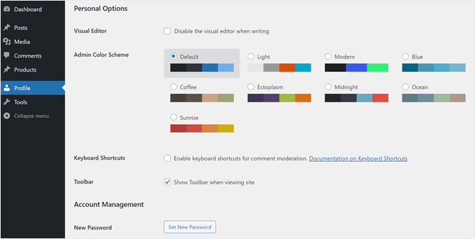 What the Profile page looks like when some of the Edit User fields are removed