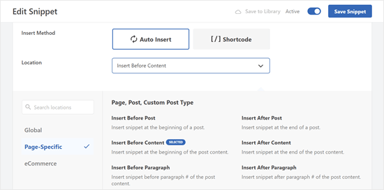 Choosing Insert Before Content location in WPCode