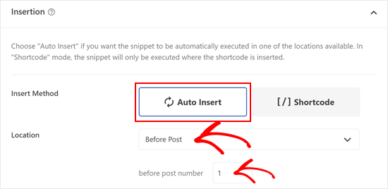 Choosing Before Post and Auto Insert in WPCode