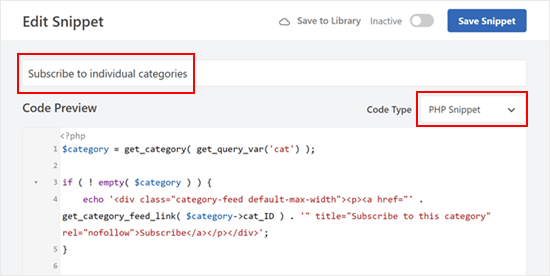 Adding code to WPCode to allow users to subscribe to categories
