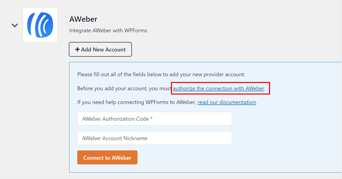 Clicking the authorize the connection with AWeber link in WPForms