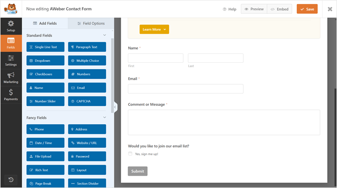 What the WPForms interface looks like when editing the AWeber signup contact form