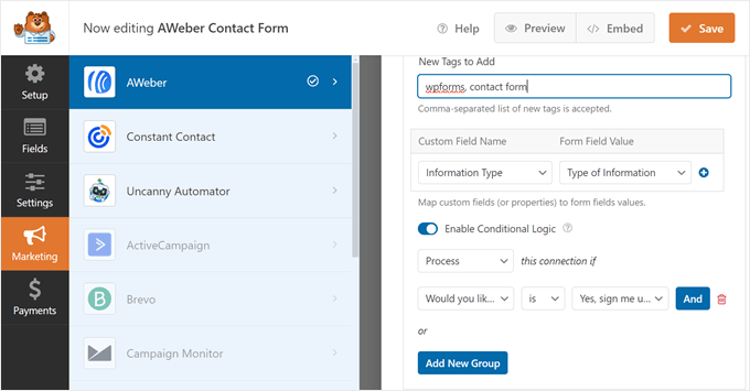 Mapping the custom fields from WPForms to AWeber