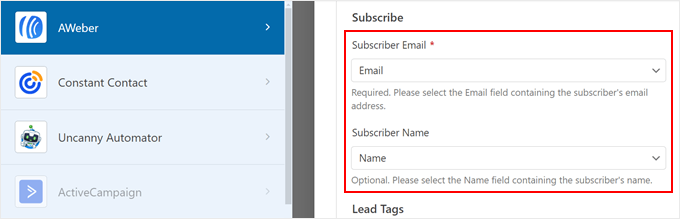 Mapping the email and name fields from WPForms to AWeber