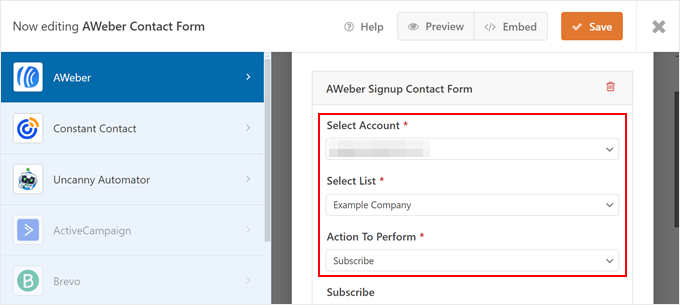 Selecting an account, email list, and action to perform in the AWeber WPForms connection