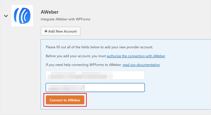 Clicking Connect to AWeber in WPForms