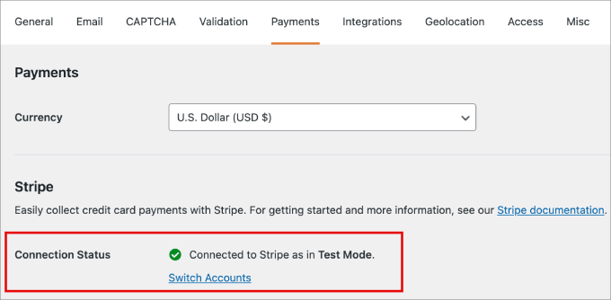 wpforms connection status