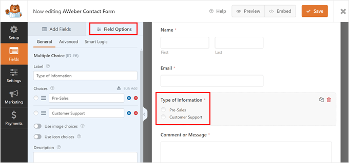 Customizing the AWeber signup contact form in WPForms