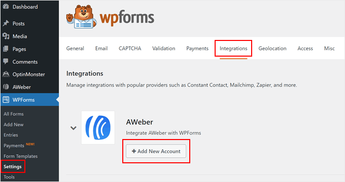 Adding a new AWeber account to WPForms