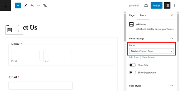 Choosing a WPForms form in the block editor