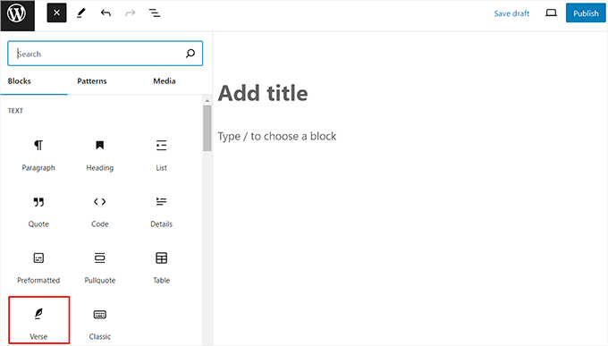 Add the Verse block from the block menu