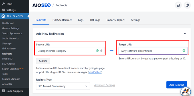 Redirecting a page with AIOSEO