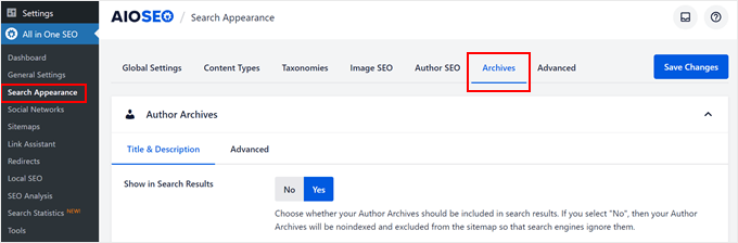 Configuring the archive page search appearance settings in AIOSEO
