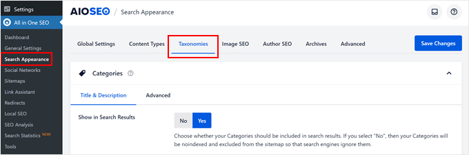 Opening the taxonomies search appearance settings in AIOSEO