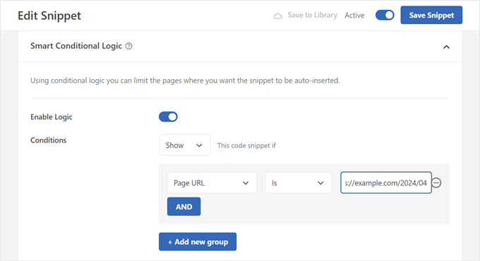 Configuring the smart conditional logic settings in WPCode