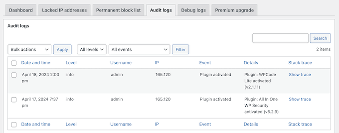 Tracking user behavior in a security log