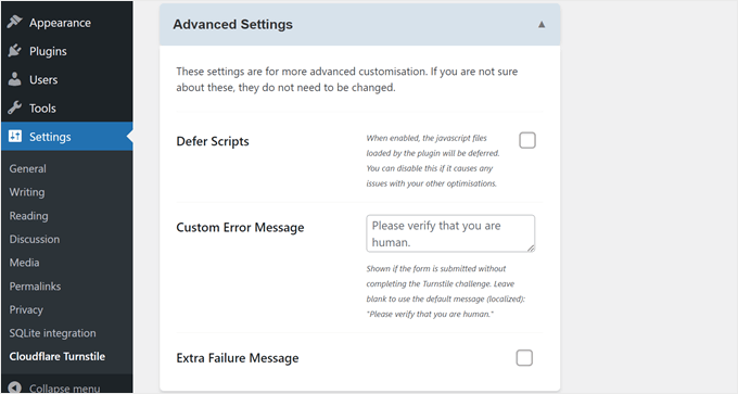 Cloudflare Turnstile's advanced settings